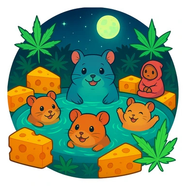Reformat the image for a Discord server icon: crop to a centered, simple, circular composition, keep the main hamster cult pool party theme, vibrant Ghibli style, clear at small size. sticker