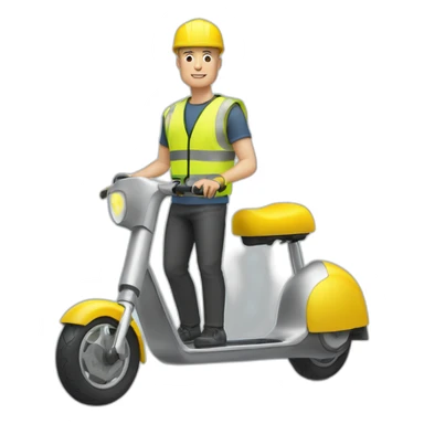 a bald white man with a yellow safety vest with a yellow bicycle helmet on a xiaomi e-scooter sticker