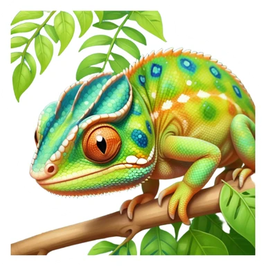cinematic cute-smiling baby chameleon-realistic emoji,-blending-with-vibrant-greenery.-detailed-scales-in-shifting-colors,-showing-the-chameleon’s-ability-to-camouflage.-soft-natural-light-highlights-its-texture.-nature-background, zoomed into its face sticker