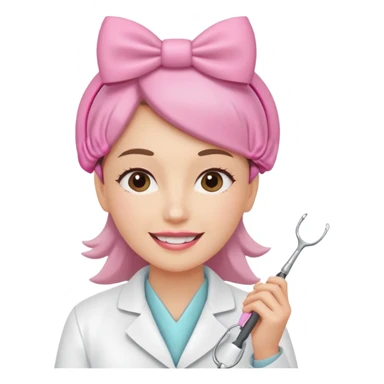 oji style illustration of a female dentist, friendly and smiling, wearing a white coat, with a small pink bow on her head, representing oral cancer awareness, caring and healing, soft colors, simple design, flat illustration, white background. sticker