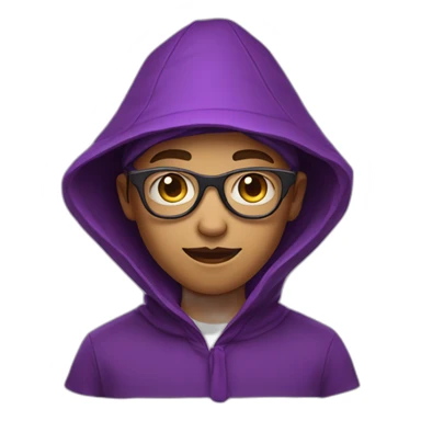 boy in a tunic and a purple triangular hood style hat with glasses sticker