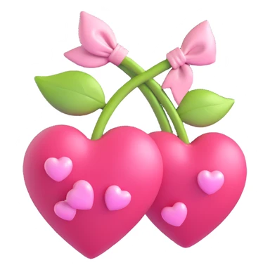 two shiny pink cherries shaped like hearts, tied together with a soft pink bow, white background sticker