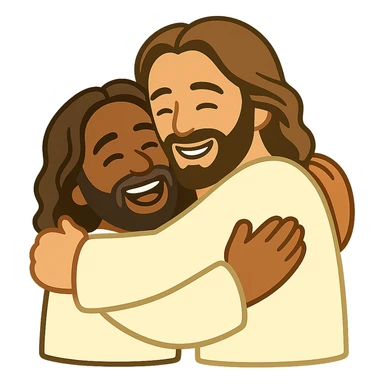 Edit the image of Jesus hugging a person in a basic emoji style with flat colors and outlined shapes. Both characters should have cheerful expressions. The background should be transparent. The style should resemble simple emoji art with clear outlines and flat colors. sticker