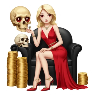 Lilith symbol red eye seductress evil shoulder length blonde haired powerful woman with Gucci  long dress with slit, sitting on of gold and diamonds. Black Platform high heels on feet. seat full of stacks,  dead human skull of her enemies in her other hand sticker