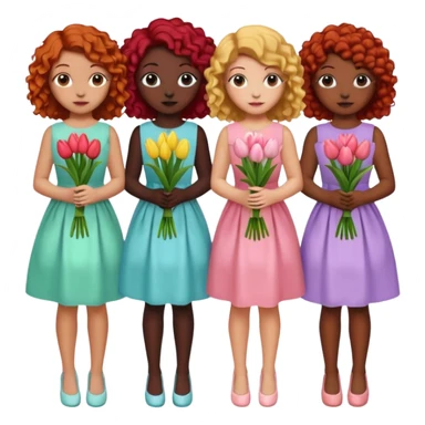 5 girls at a garden party wearing pastel dresses and holding tulips, one is black, one is blond, one has brown hair, one has red hair, the last one is has curly hair sticker