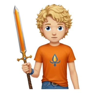 20 year old boy with curly blond hair and blue eyes with freckles wearing an orange no blue “Camp Halfblood” tshirt with the official percy jackson camp halfblood logo on it and blue jeans have him swinging a gold sword  sticker