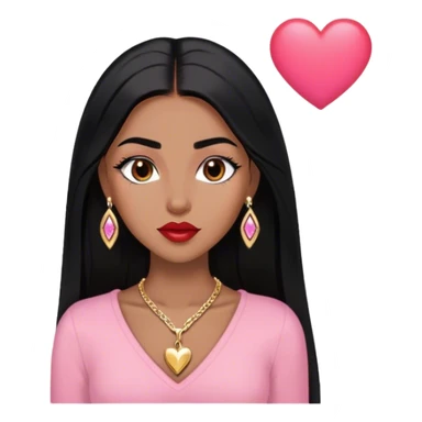 Woman,Medium brown skin,super long black straight hair, medium brown arched eyebrows, full lashes, red nude lips, diamond short earrings, gold heart locket, pink shirt sticker