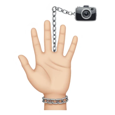 Minimalist emoji-style sticker of a human hand bound by a chain leading to a video camera. Icon-like, clean silhouette, muted tones. sticker