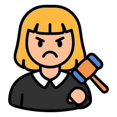 angry judge with blonde shoulder-length hair and bangs sticker