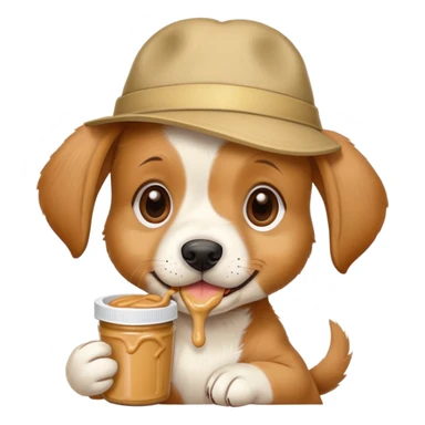 Puppy eating peanut butter with a hat on sticker