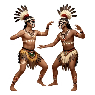 Cinematic Realistic scene of two indigenous dancers performing an Aboriginal Corroboree, adorned in intricate traditional body paint and ceremonial attire, captured in fluid motion with earthy tones and vibrant, cultural lighting sticker