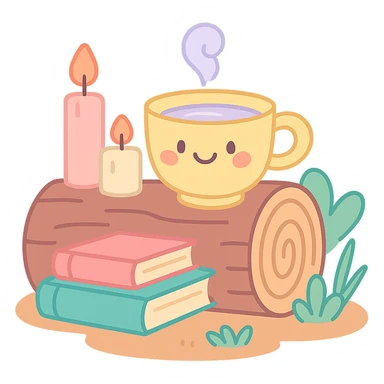 a log with tea, books, and candles, soft forest journaling mood, soft pastel colors, pastel-toon style sticker