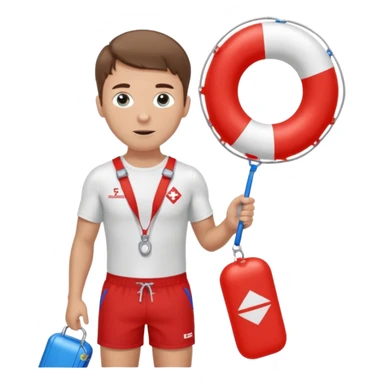 Male lifeguard – red shorts, whistle around neck, holding rescue float. sticker