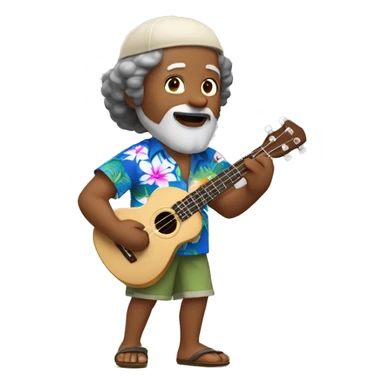 dark-skinned native hawaiian man h playing ukulele age 57 with hawaiian shirt shorts beard with cap and hair with a little gray hair, with eastern asian eyes sticker
