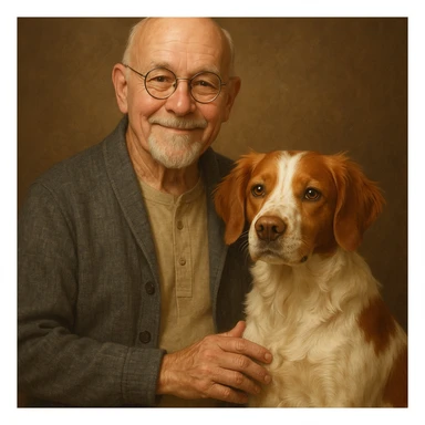 bald old man with round glasses and a grey goatee, standing with a Brittany Spaniel dog, friendly and warm expression sticker