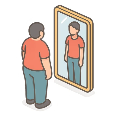 A mirror reflecting a body where the reflection differs from the original body, hinting at distorted body perception and psychosomatic external appearance. The reflection visually represents the inner self. Style: 2D Isometric with clear shadows and highlights, transparent background. sticker