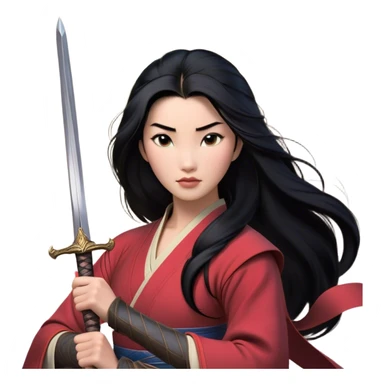 Cinematic Realistic Mulan Portrait, depicted with lifelike skin texture, soft natural lighting, and intricately detailed long black hair styled elegantly. Her deep, expressive eyes exude determination and grace, complemented by a serene yet confident expression. She stands with one hand resting on the hilt of her sword, the other by her side, exuding strength and poise. She is dressed in her classic attire, with rich fabric textures and delicate folds that catch the light beautifully. The portrait features a soft, enchanting glow with a natural, radiant finish, capturing the essence of timeless strength and beauty in a realistic and painterly style, evoking a sense of depth and authenticity. sticker