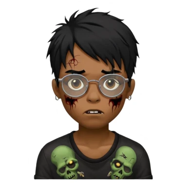 Boy, zombie, black hair, medium long, emo, shaggy, dark, spooky, creepy expression emoji, add dolce gabanna glasses, a risk on the eyebrow, some tattos  sticker