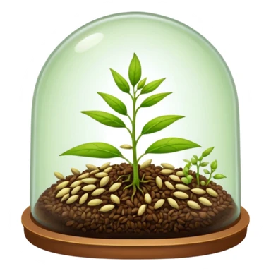 a pile of seeds at the right side and a germinating seed under a glass dome near . Transparent background sticker