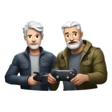 Behind a Futuristic fortnite background make a man with a pale skin person with Grey hair and facial hair in their 40s with a game controller playing a game on a TV sticker