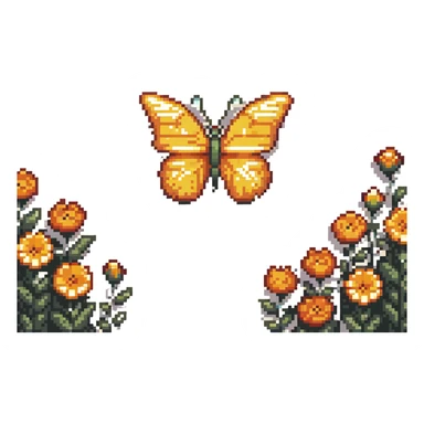Blue smiling butterfly in springtime with pixel flowers and sunshine sticker