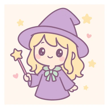 adorable wizard girl, blonde hair, wearing a large purple wizard hat, magical vibe, cute and whimsical sticker