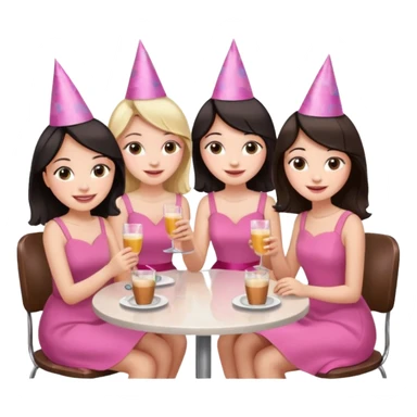 Девушка со светлыми волосами сидит в кафе весёлая с подружками у которых темные волосы в розовом платье они в праздничных колпаках и у них бокалы в руках sticker