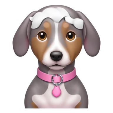 grey sausage dog with white chest with pink collar sticker