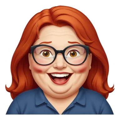 obese; older 50's ; long red hair ; women hazel eyes; glasses ; laughing sticker