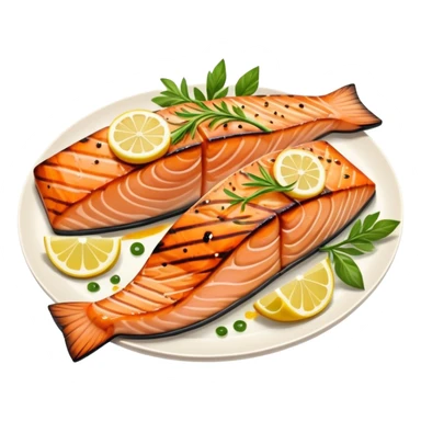 Cinematic perfectly grilled salmon, rich orange hues with crispy skin, garnished with fresh herbs, drizzled with lemon, ultra-detailed and delicious. sticker