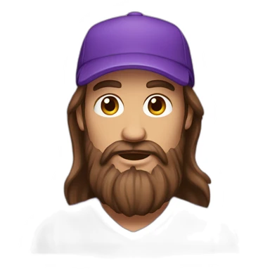 a man with long brown haid and beard with a purple cap  sticker