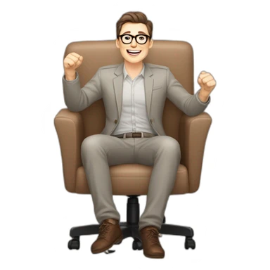 Joyful Celebrating victory Hands up Pale skinned Fit Man With dark brown hair in gray jacket, beige office shirt, Brown pants and vintage glasses sitting In a soft chair sticker
