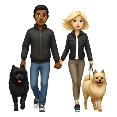 a guy with dark hair and a girl with blond hair and a bob are walking with a black Spitz sticker