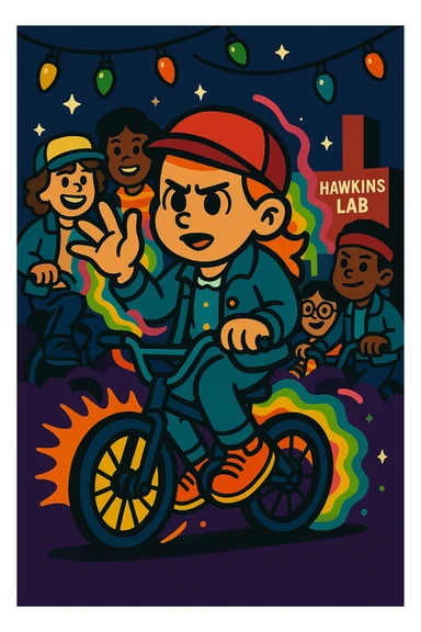 Stranger Things character in vibrant toon style, full color. Character with bicycle, Eleven's powers, group of friends, Christmas lights, colorful and lively, variation 3. sticker