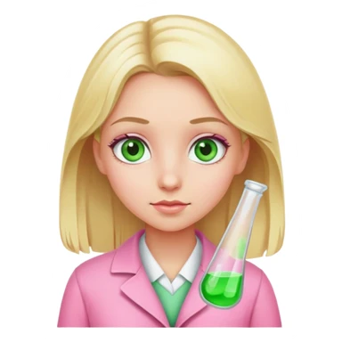 blonde girl with green-grey eyes, dressed in pink clothes, chemist sticker