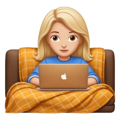 A white girl lies on a sofa under a blanket with a laptop sticker