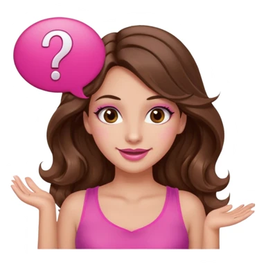 girl with long wavy brown hair, brown eyes, long lashes makeup, sexy pink lips, light to medium complexion, wearing a pink sexy top, shugging, smiling, question mark one speech bubble sticker