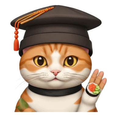 cat with its fingers crossed wearing a hat made out of sushi sticker