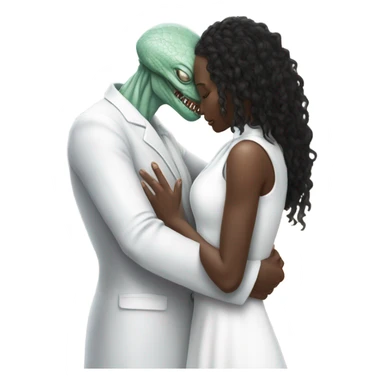 Alien reptilian woman in white dress hugs and kissing "white male human man" sticker