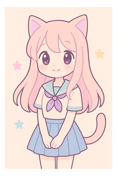 cute anime cat girl, long flowing hair, shy smile, cat tail, school uniform, soft lighting sticker