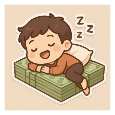 happy person napping on mattress of money sticker