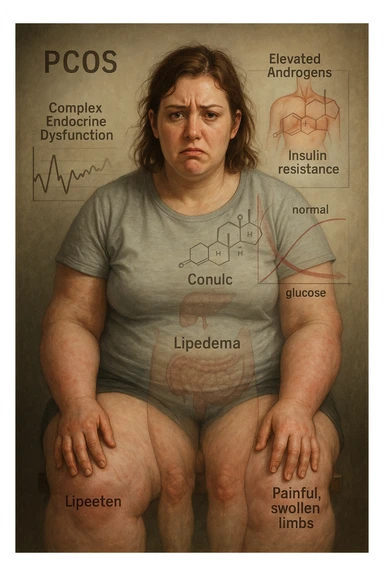 cinematic realistic in italiano Woman with PCOS struggling with hormonal chaos, transparent overlay showing elevated androgens and insulin resistance affecting her body, lipedema causing disproportionate fat accumulation in legs and arms despite normal torso, expression of frustration with unexplained weight gain, medical charts showing complex endocrine dysfunction, painful swollen limbs contrasting with metabolic confusion scrivi in italiano sticker