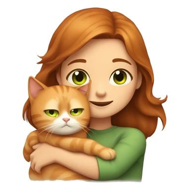 brown-haired girl with green eyes hugs a ginger cat sticker