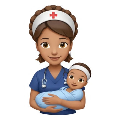 Female nurse smiling wearing no hat with her hair tied up in a roll on the top front of head with medium brown skin and brown eyes holding one new born with navy blue short sleeves sticker
