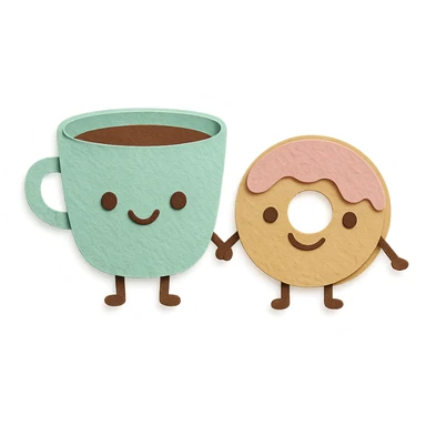 cute coffee cup and donut holding hands, smiling faces, soft pastel kawaii style, transparent background sticker
