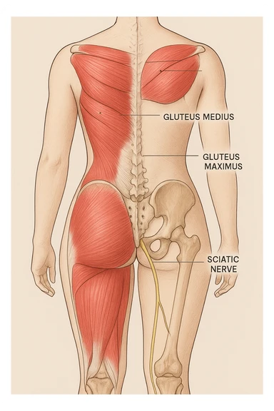 Anatomical view of the female gluteus with highlighted muscles, pelvic bones, and sciatic nerve, inspired by the reference photo. Medical style with a neutral background. sticker