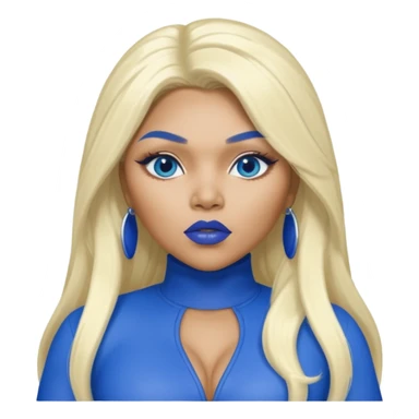 Lil Kim with long platinum blonde hair, blue lip and outfit sticker