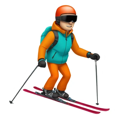 white man skiing wearing an ORANGE JACKET and a RED HELMET and wearing TURQUOISE PANTS sticker