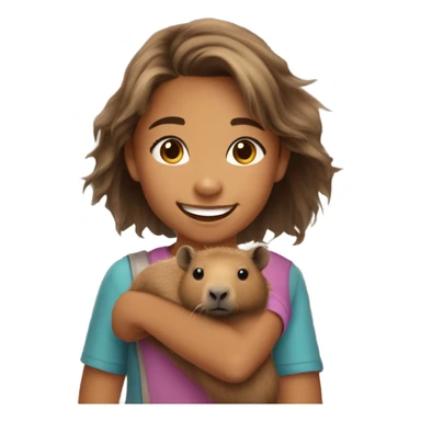happy 10-year-old girl with kind of messy hair, smiling holding capybara sticker