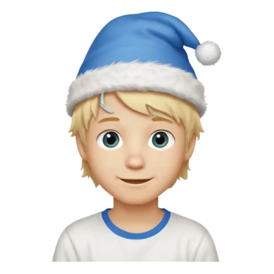 create boy blonde hair long messy, light eyes, white t shirt, rich, long hair, eyes blue, acessory head cristimas blue hat sticker